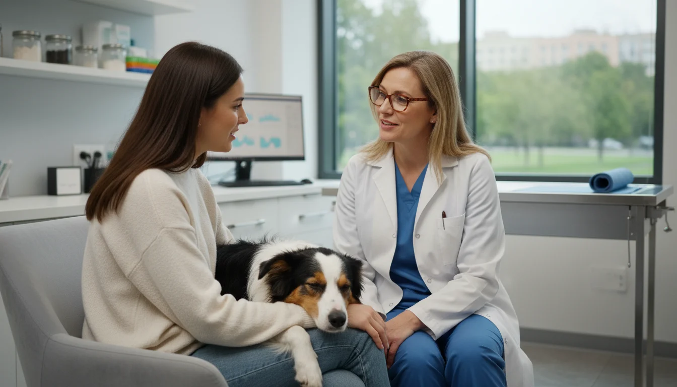 A veterinarian consults with a young woman holding her dog in an exam room, discussing pet care.