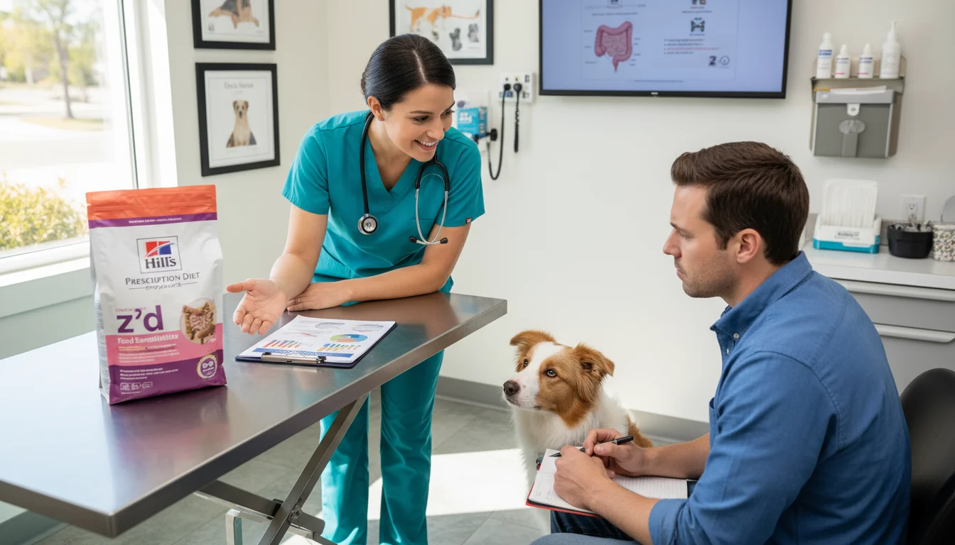 A veterinarian discusses a dog's dietary plan with its owner, showing a bag of specialized food on an exam table.