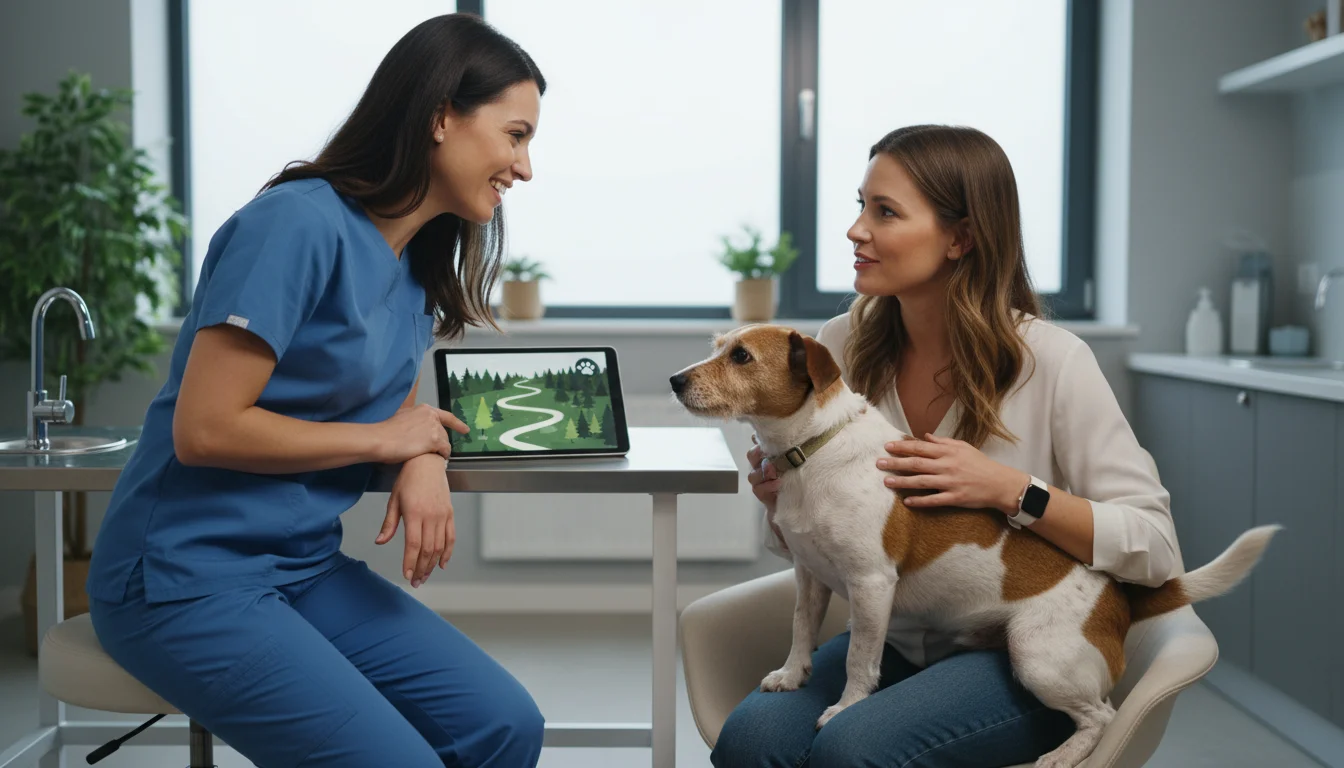 A veterinarian, dog owner, and a terrier mix dog in a clinic. The vet points to a tablet showing a hiking trail.