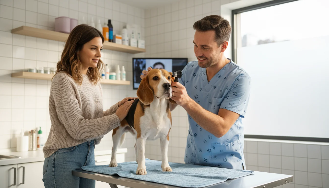 A veterinarian gently examines a calm beagle on an examination table with its owner present in a bright clinic.