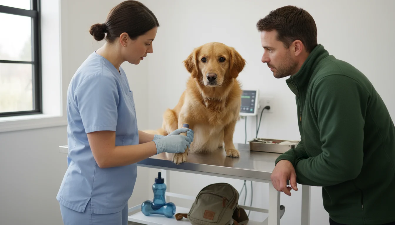 A veterinarian gently examines a golden retriever mix dog's leg on an exam table, with its owner attentively watching. A hiking pack is nearby.
