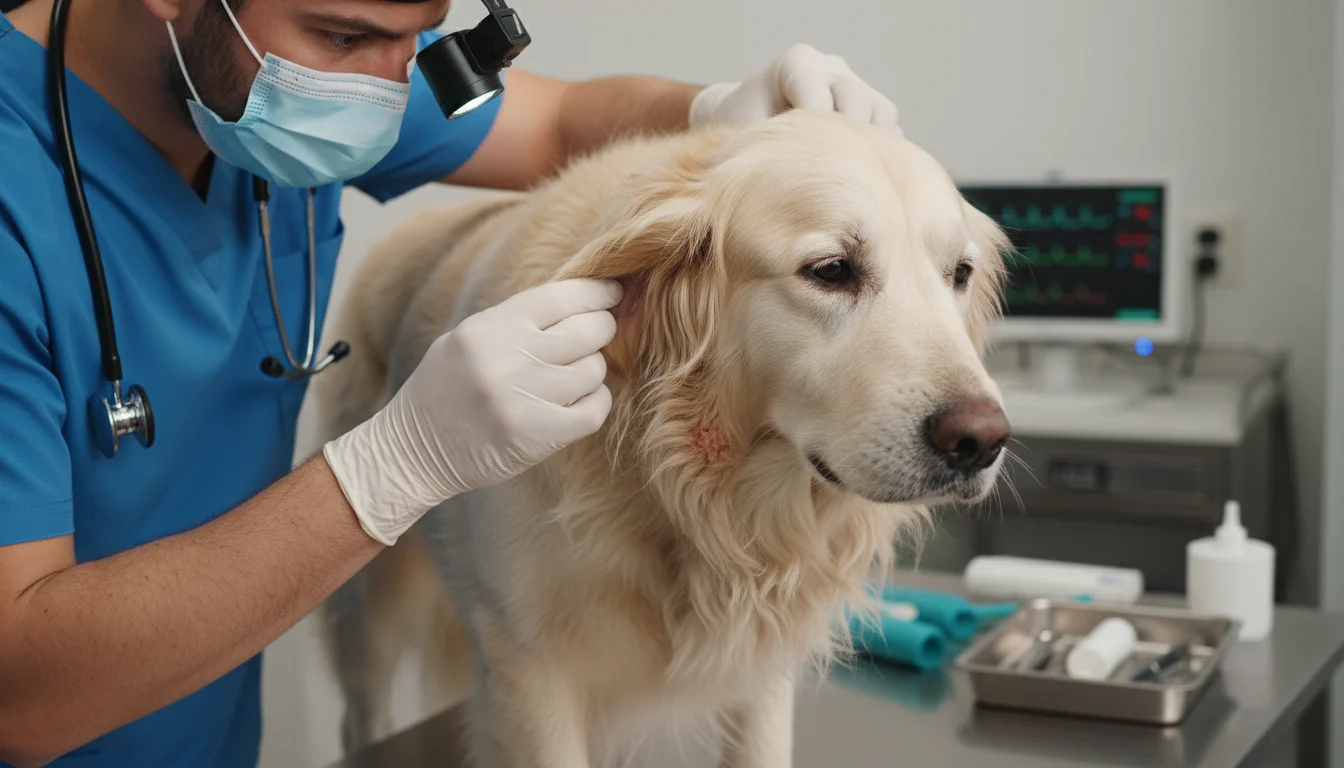 A veterinarian gently examines matted fur behind a shaggy dog's ear, revealing a subtle skin irritation.