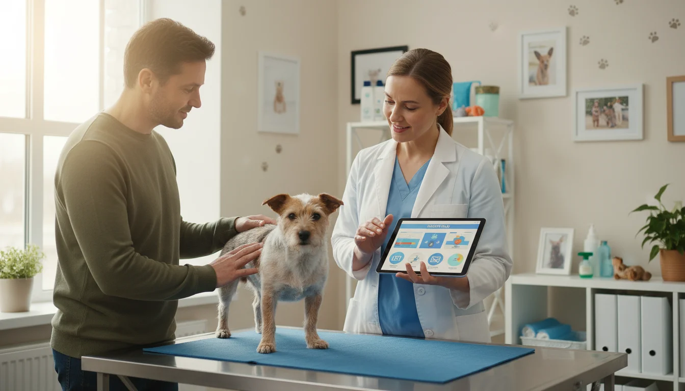 A veterinarian gently examines a small terrier-mix dog on an exam table while the owner watches. The vet points to a tablet.