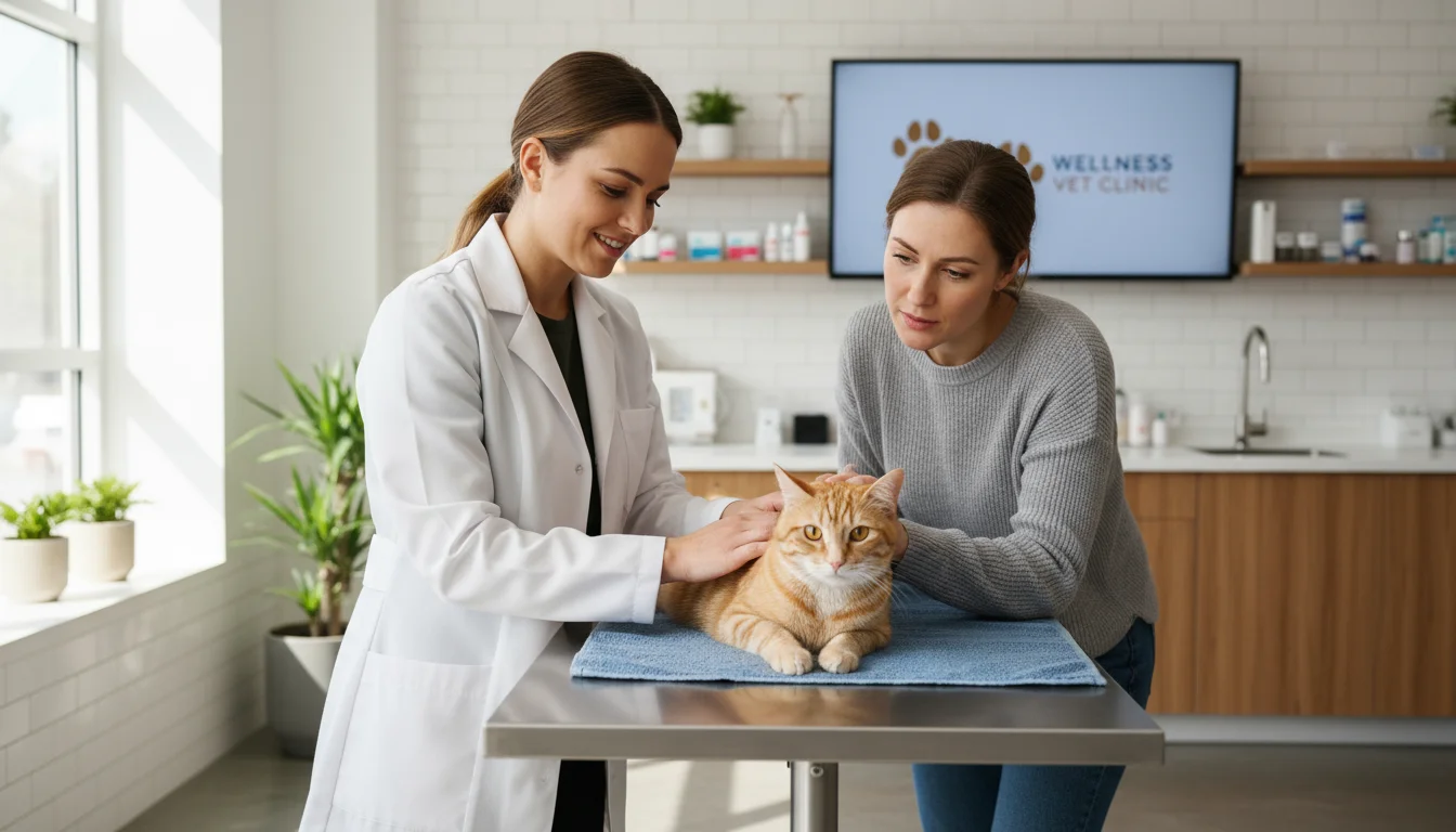 A veterinarian examining a ginger tabby cat on an exam table while its owner gently pets the cat's head, in a modern vet clinic.