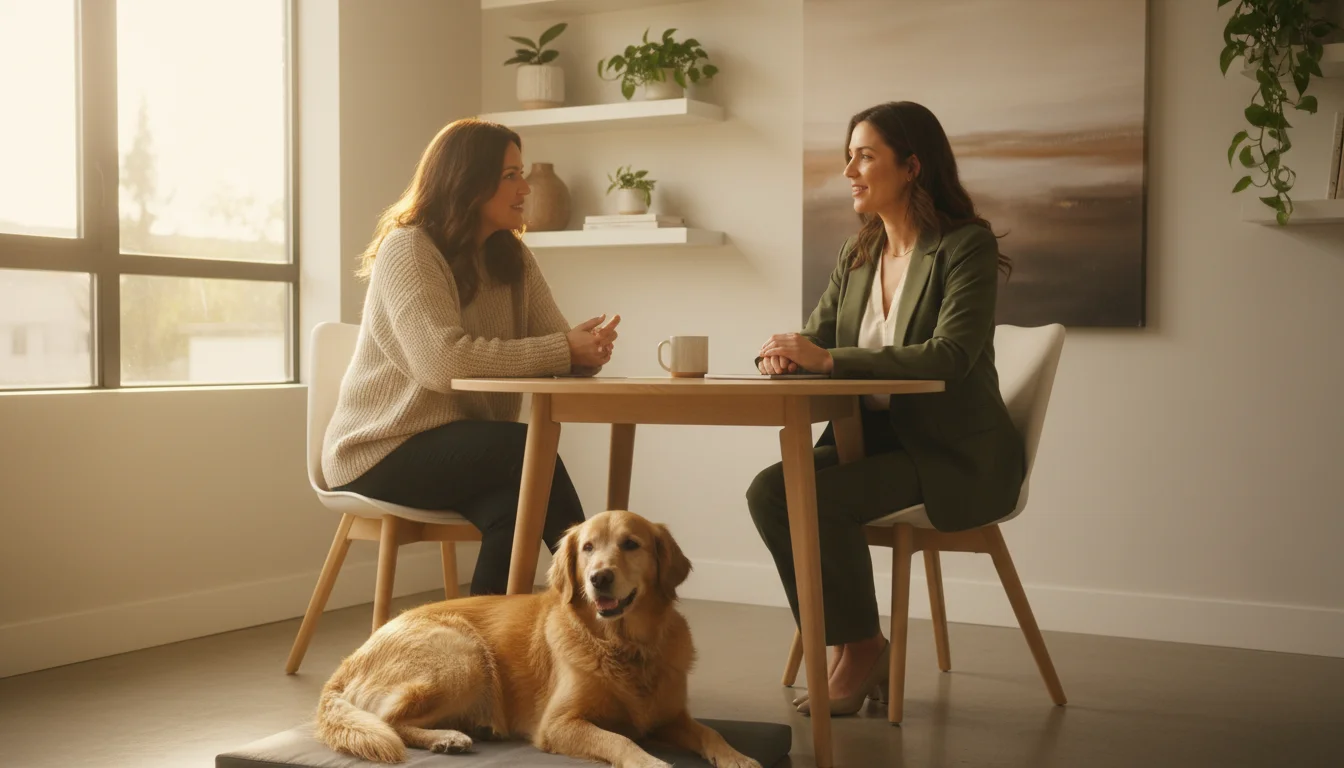 A veterinarian and a pet owner in a consultation room. The owner gently touches her golden retriever mix resting on an orthopedic mat while talking to