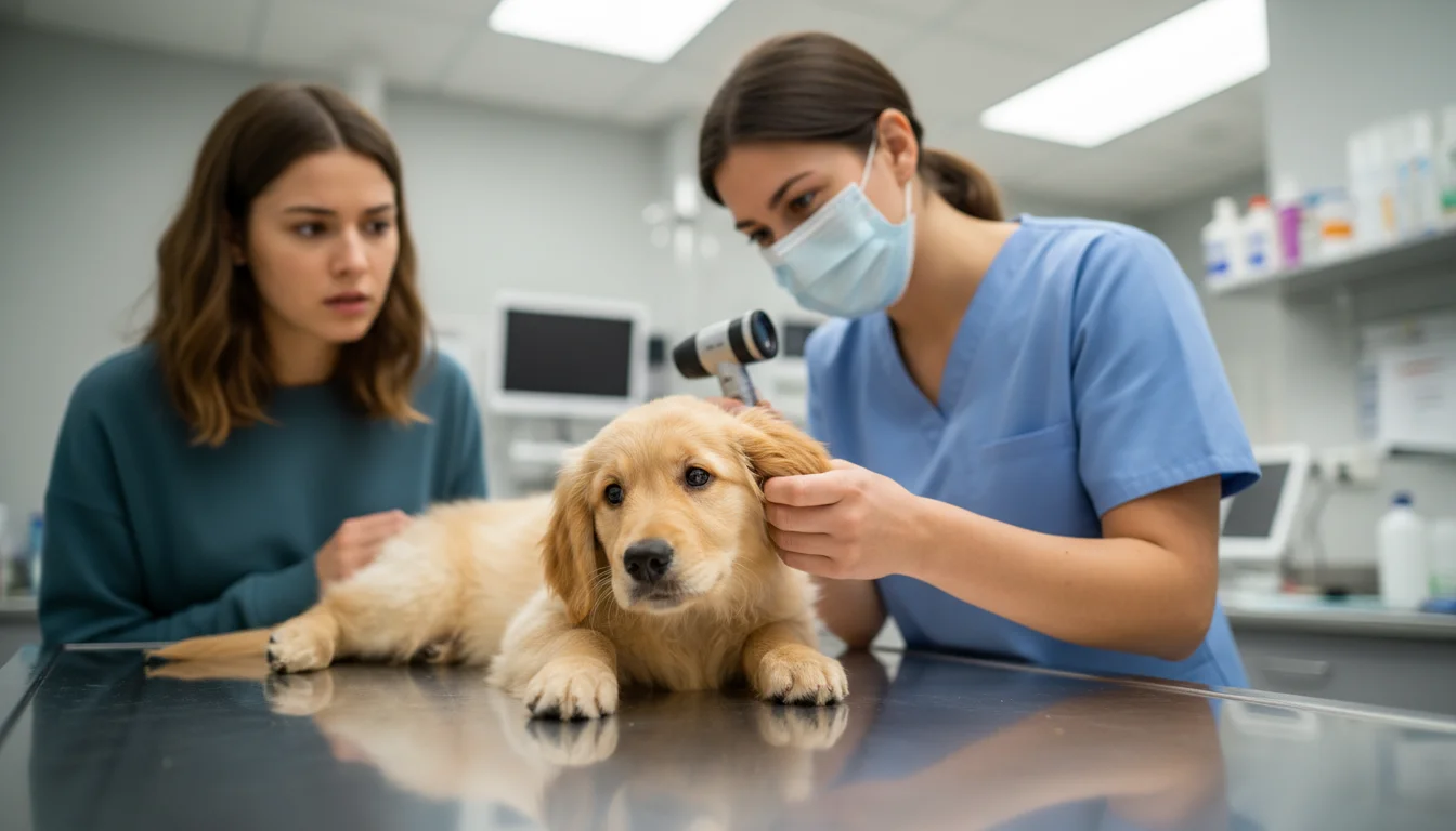 A veterinarian in scrubs gently checks a calm Golden Retriever puppy's ear on an exam table as its owner watches.
