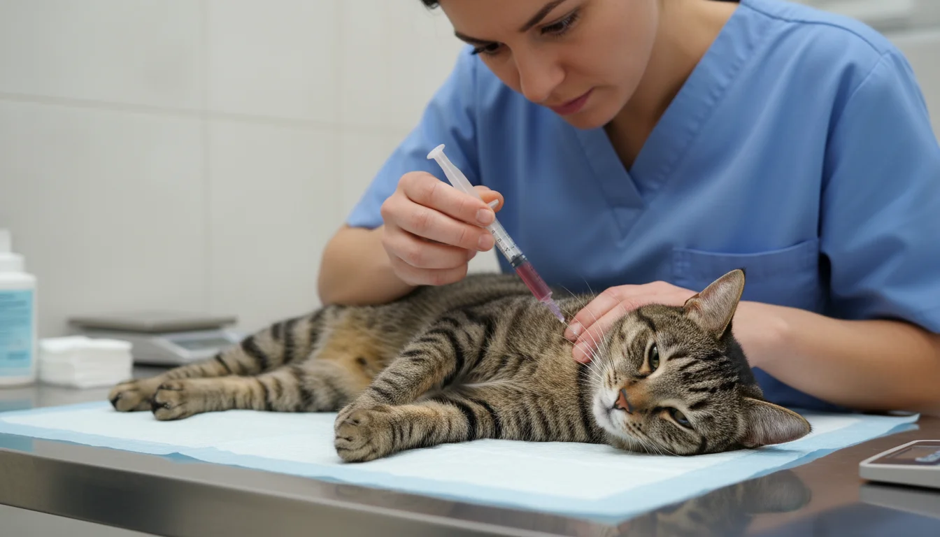 A veterinary technician in scrubs gently draws blood from a calm tabby cat's leg on an examination table, demonstrating pre-anesthetic care.