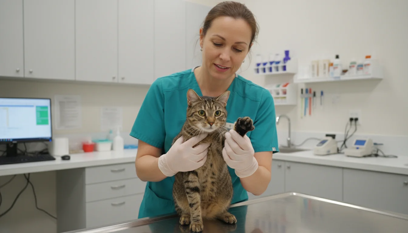 A veterinary technician in scrubs gently examines an anxious tabby cat's paw on an exam table in a bright clinic.