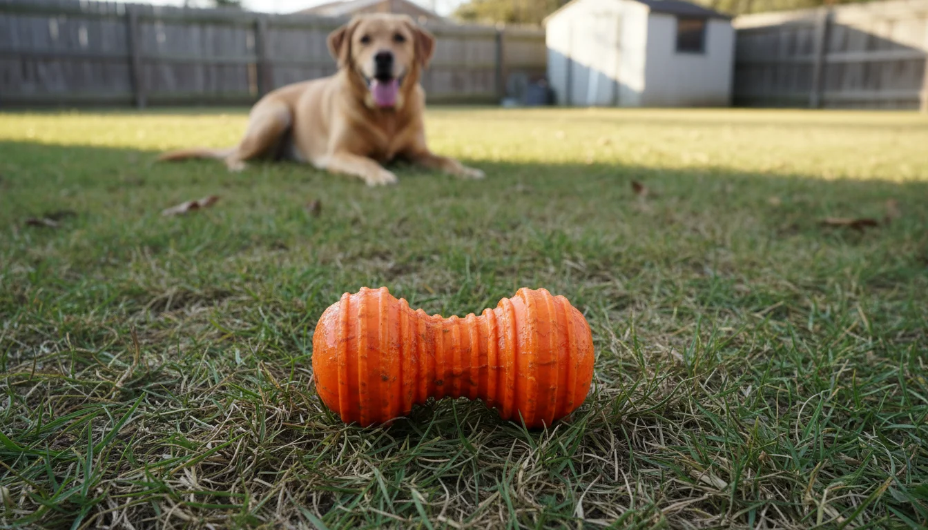A vibrant orange, slobbery but intact, heavy-duty dog chew toy rests on grass; a relaxed Labrador-mix dog lies nearby.