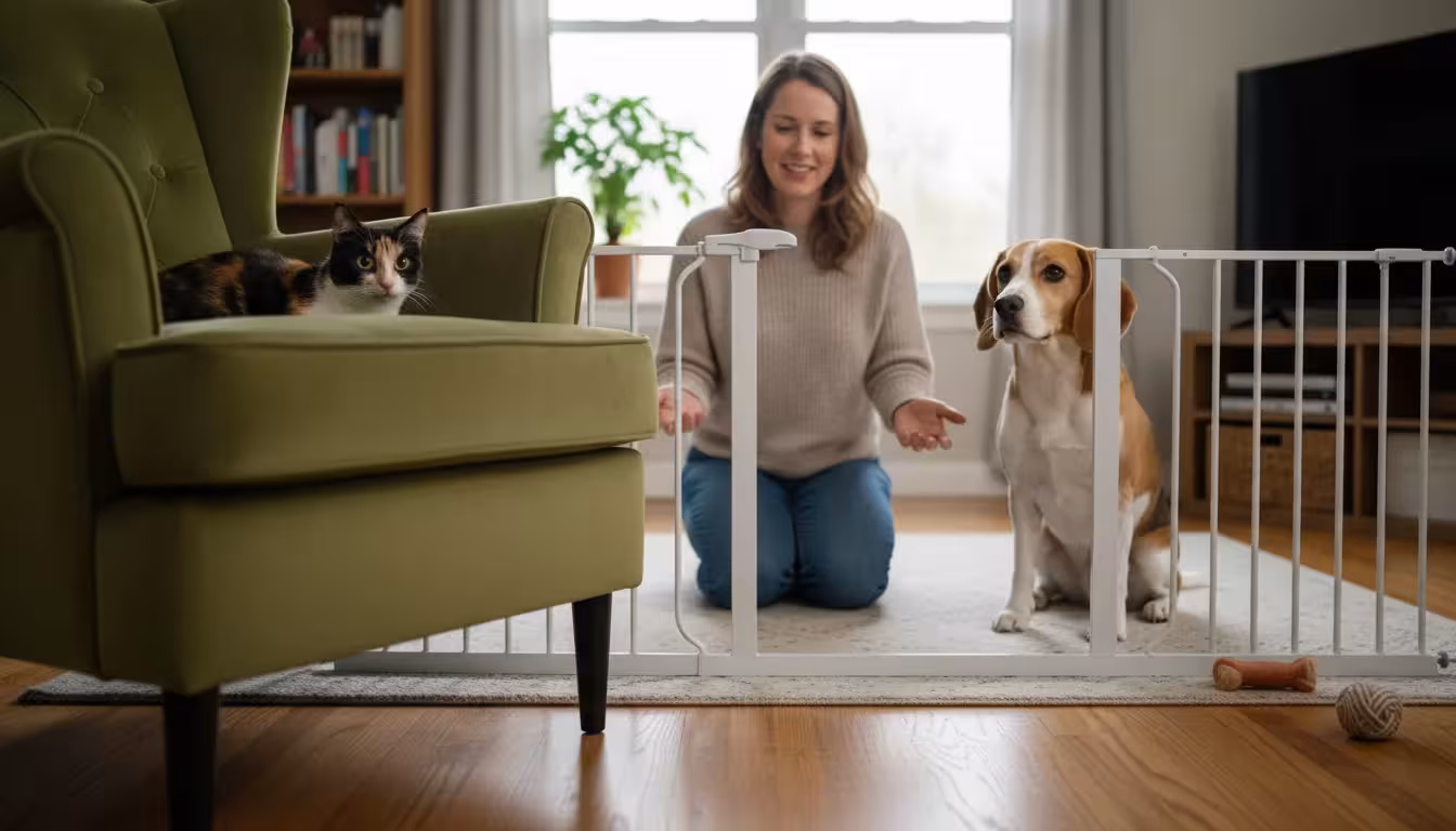 A wary cat peeking from behind an armchair at a calm dog behind a pet gate, with a person kneeling between them.