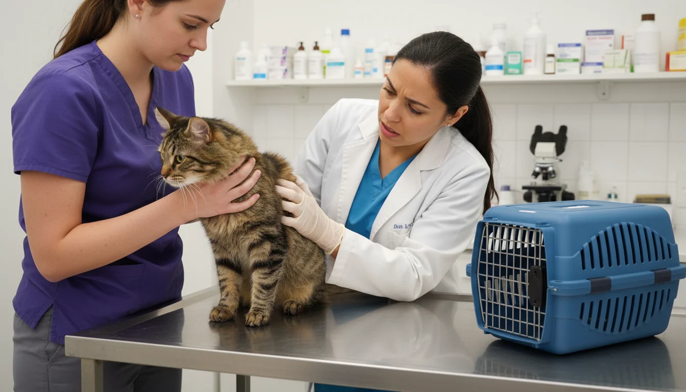 A wary tabby cat with a nicked ear on a vet exam table, held by a vet tech while a veterinarian examines its abdomen.