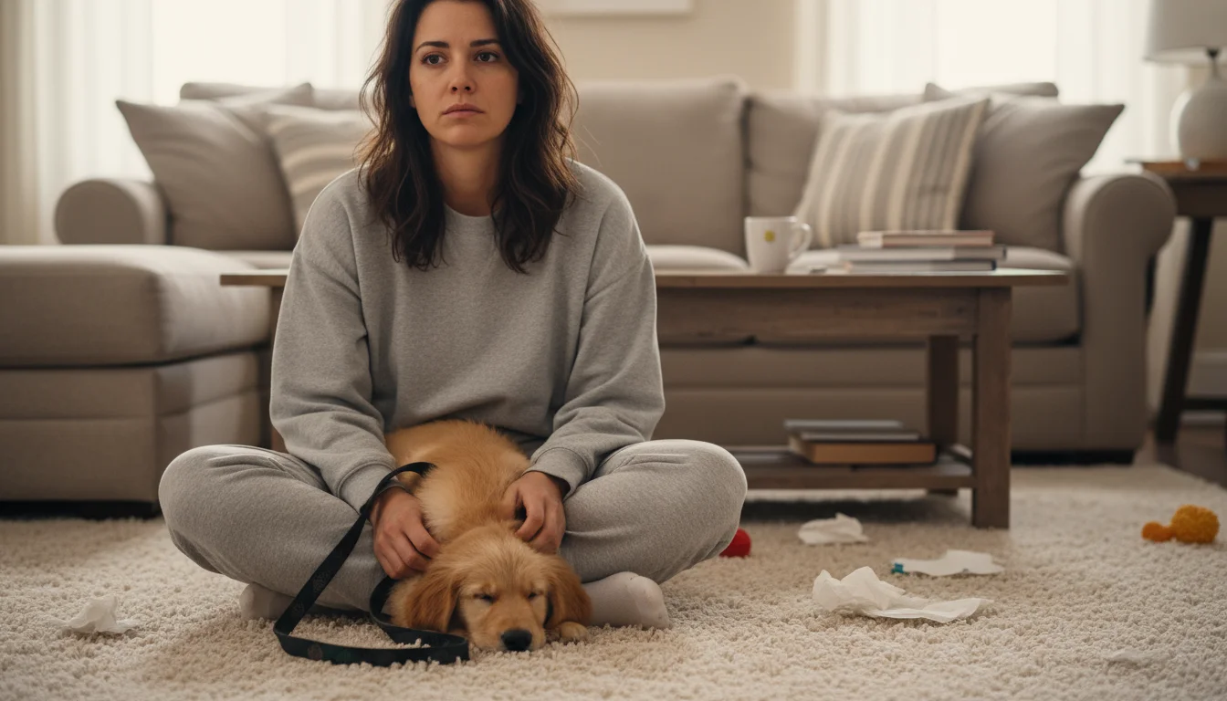 A weary woman sits on a living room rug with a puppy leash in her lap, looking thoughtful. A small golden retriever puppy sleeps beside her.