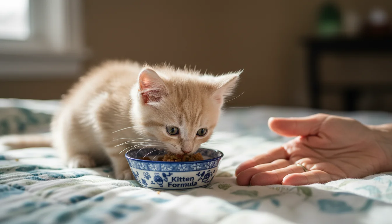 An 8-week-old fluffy kitten is eating wet food from a bowl on a patterned blanket, with an adult hand resting nearby.