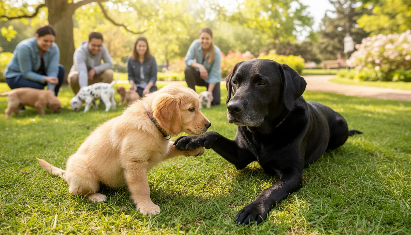 A 10-week-old Golden Retriever puppy gently sniffs a calm adult Labrador's paw on a sunny park lawn, with other puppies and owners nearby.