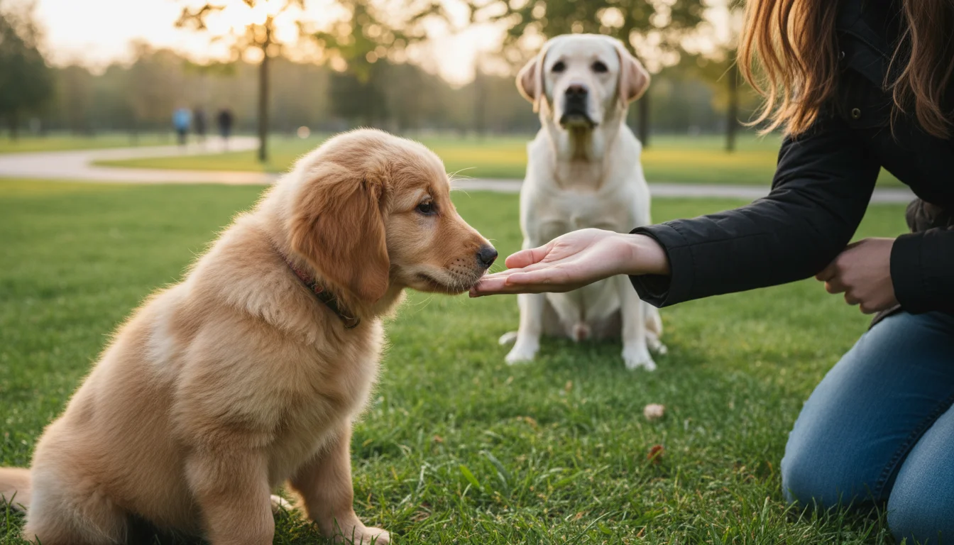 A 10-week-old golden retriever puppy gently sniffs a young woman's hand on soft grass, while a calm adult Labrador watches nearby.