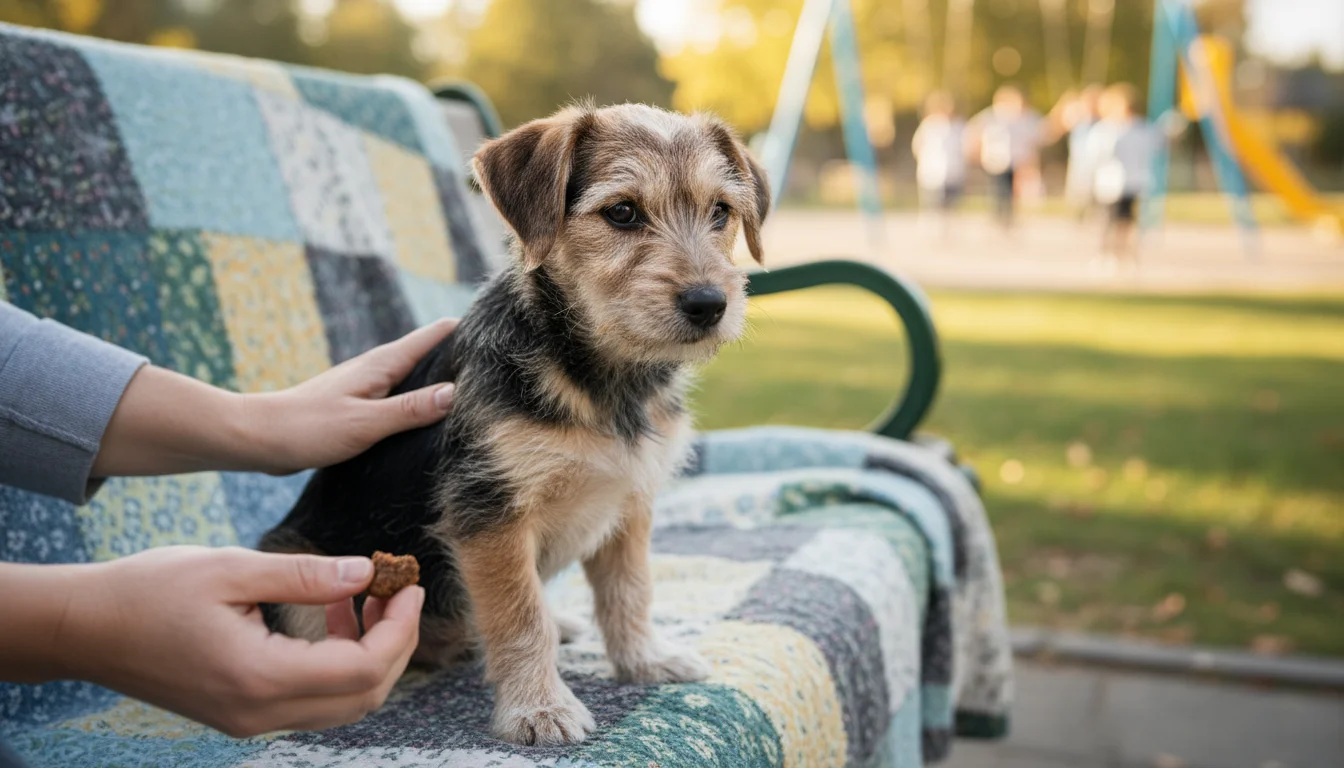 A 10-week-old terrier mix puppy sits on a blanket on a park bench, observing children playing distantly. An adult owner gently offers a treat.