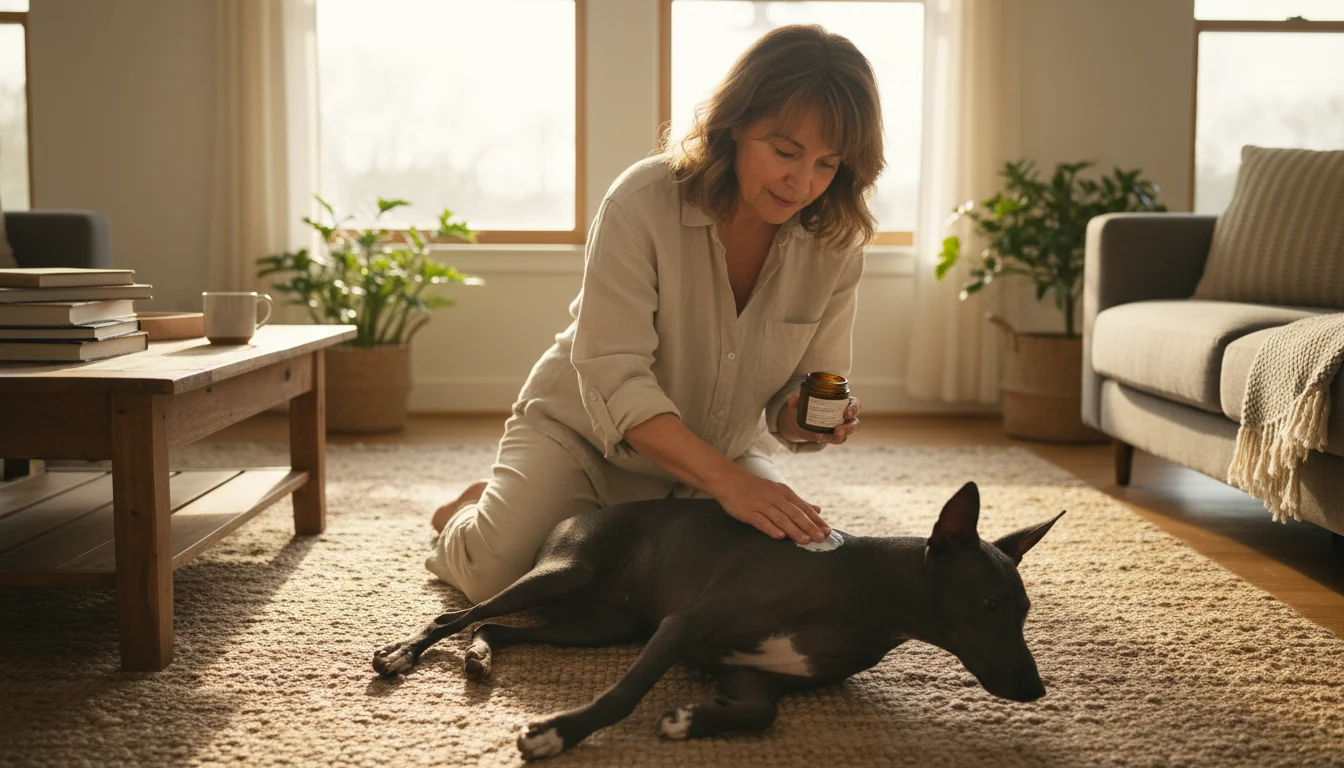 Woman applying moisturizer to a relaxed, dark-skinned hairless Xoloitzcuintli dog on a rug in a sunlit room.