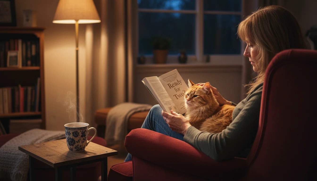Woman in an armchair reads a pet adoption book, gently stroking a senior cat on her lap.