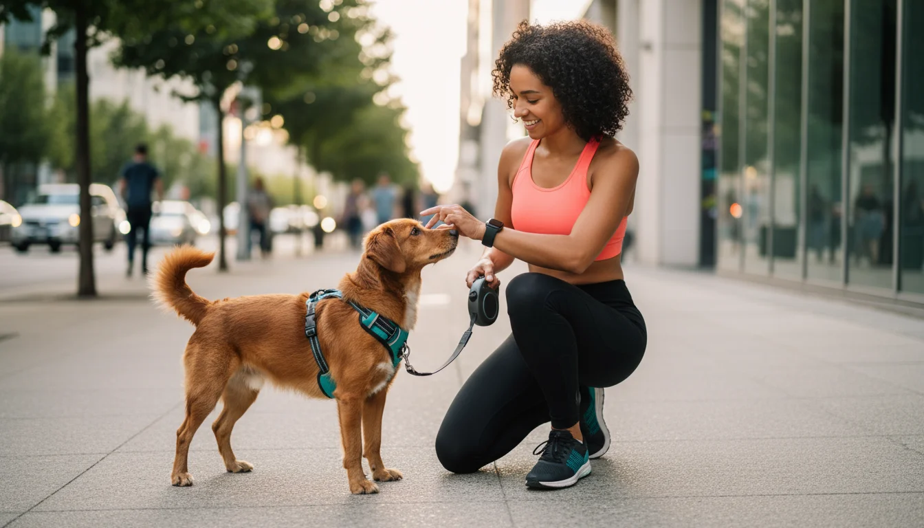 A woman in athletic wear kneels on a city sidewalk, adjusting a harness on her alert dog. A cat stretches on a sunny windowsill inside an apartment in