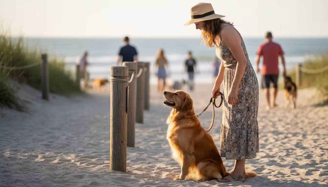 Woman in beach attire gently guides her leashed golden retriever sitting attentively near a wooden post on a busy beach.