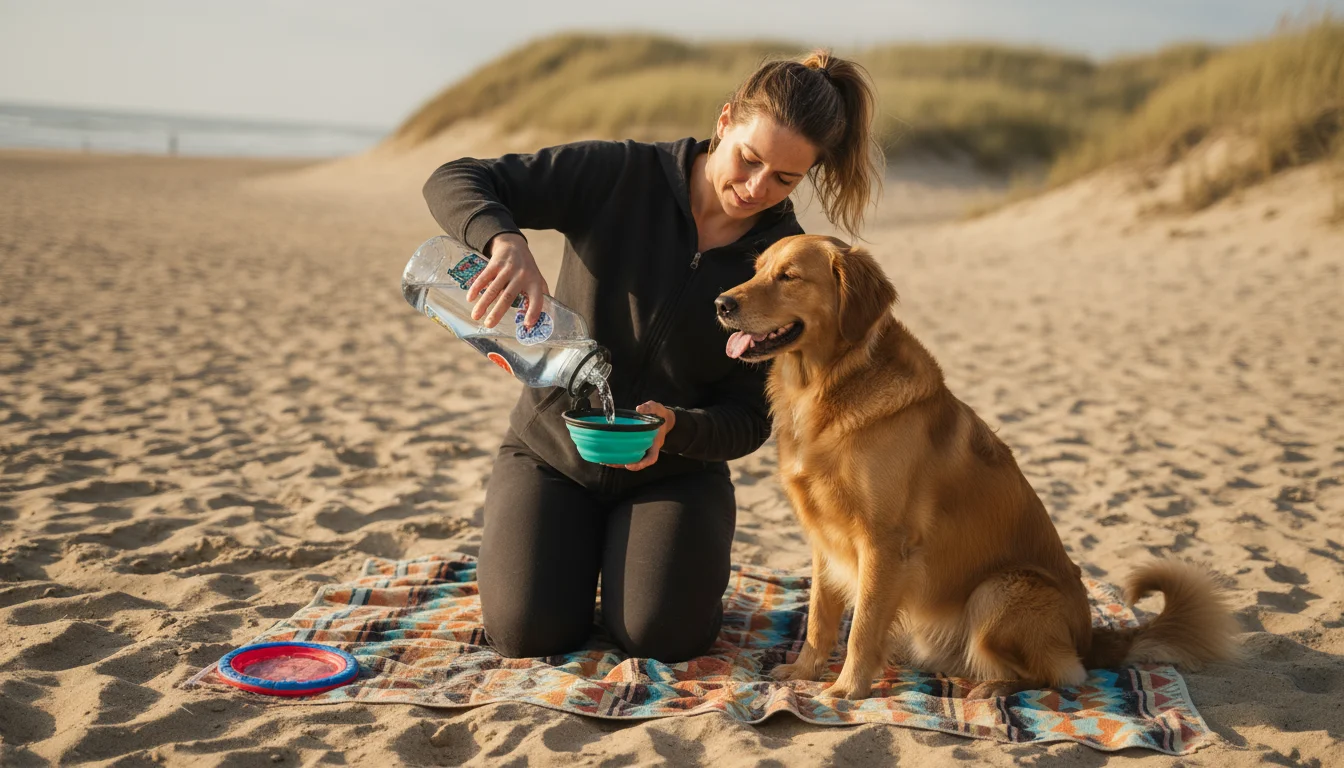 A woman on a beach towel pours water from a reusable bottle into a collapsible bowl for her dog. A frisbee lies on the sand nearby.