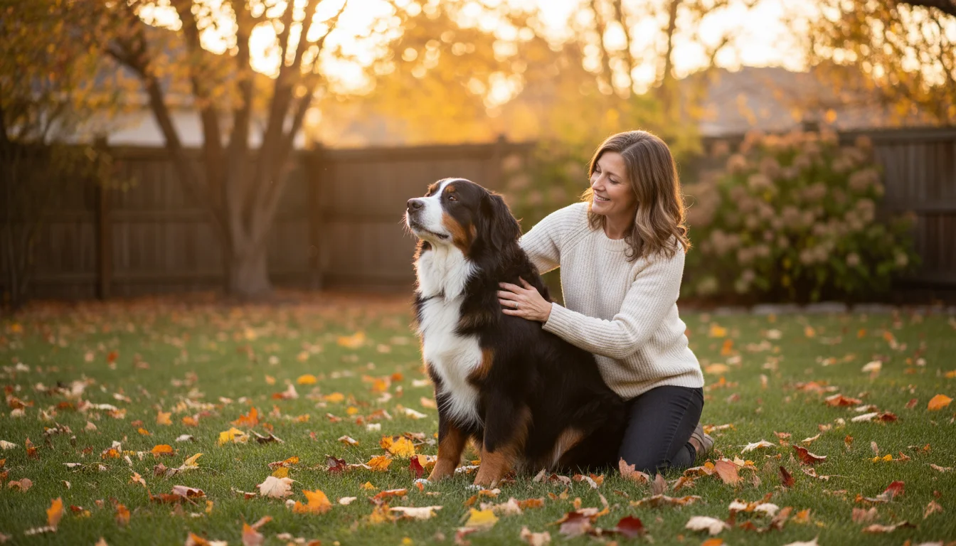 A woman gently brushes her senior Bernese Mountain Dog outdoors among fallen autumn leaves during late afternoon.