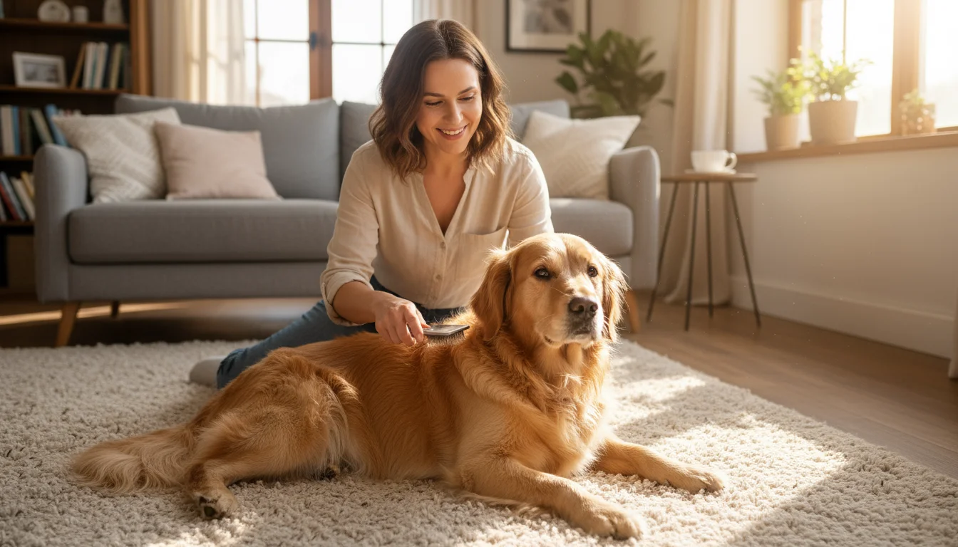 A woman gently brushes a relaxed Golden Retriever on a cozy rug in a sunlit living room, highlighting its shiny fur.