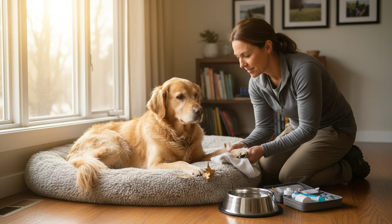 A woman gently checks her Golden Retriever's paw as the dog rests on its bed near a window after a hike, with water and first-aid nearby.
