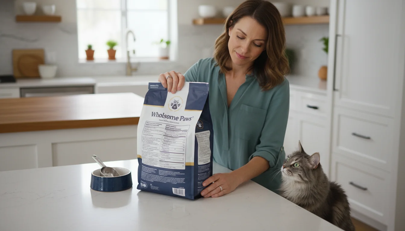 A woman closely reads a cat food bag label in a warm kitchen, while a sleek cat sits patiently by her feet looking up.