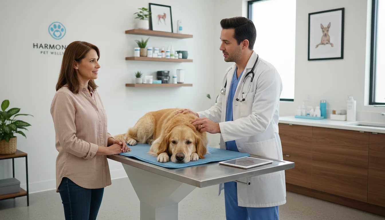 A woman gently comforts her golden retriever mix on an exam table while a veterinarian examines the dog, in a clean clinic.