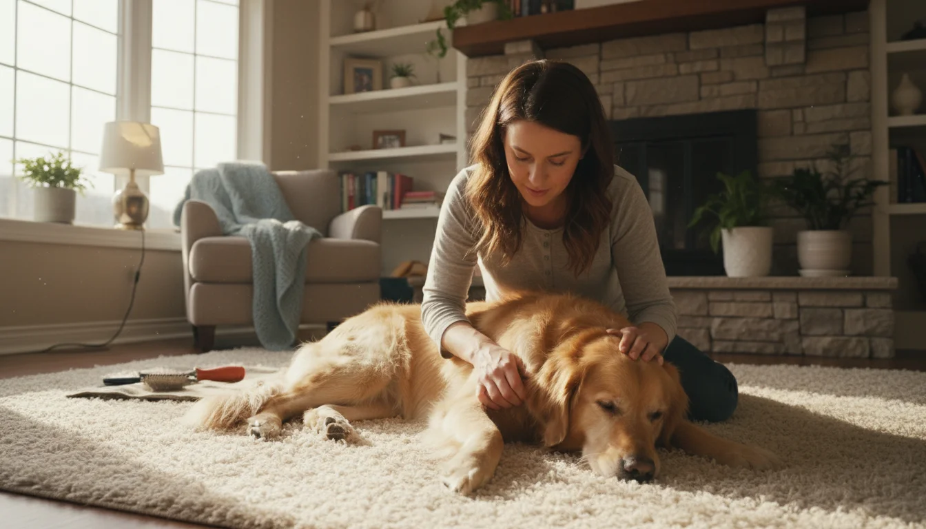 A woman gently examines her golden retriever's paw during a home grooming session, checking for any health issues.
