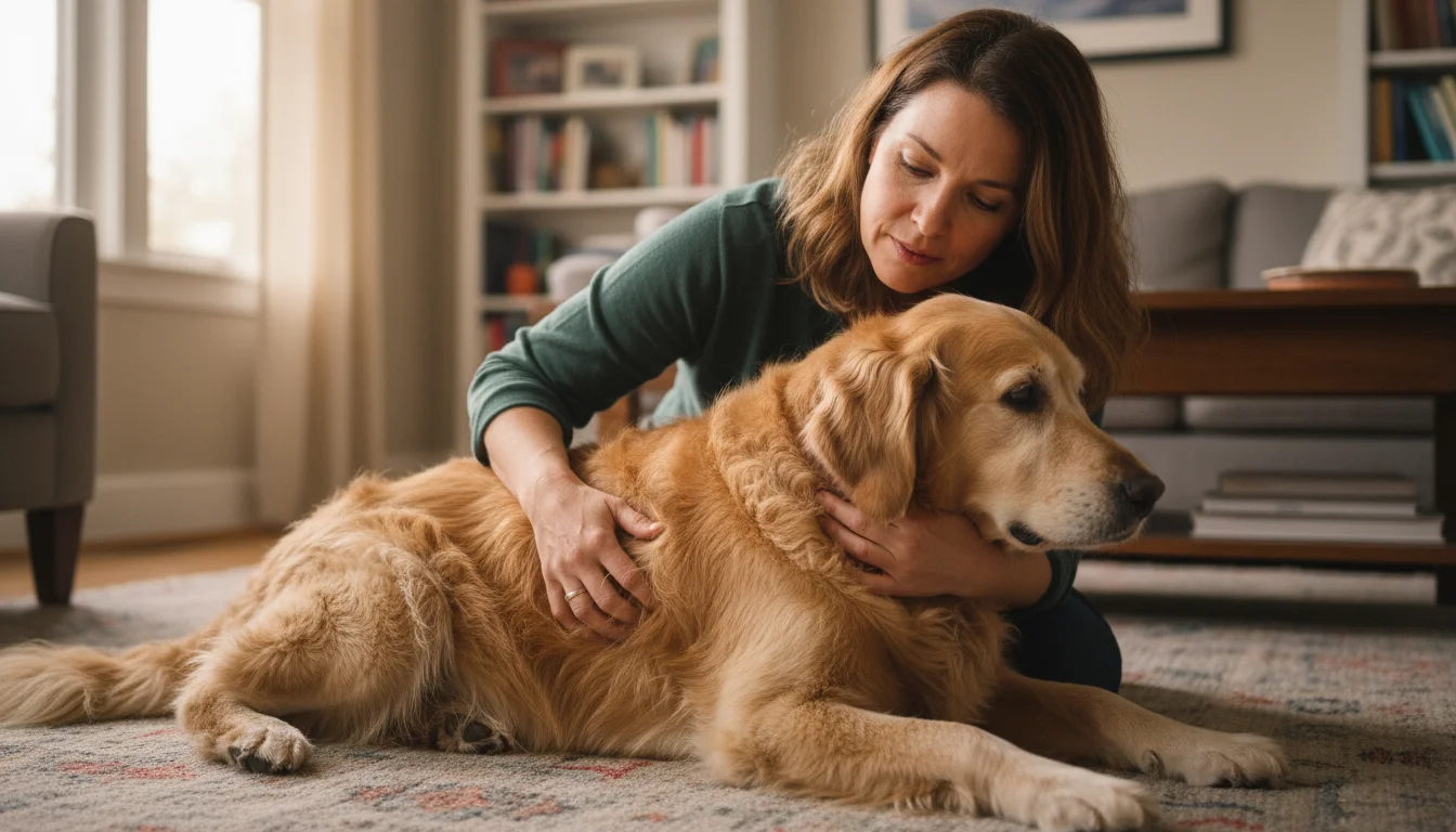 Woman gently examines her older Golden Retriever's fur, thoughtfully assessing its texture and condition in a sunlit room.