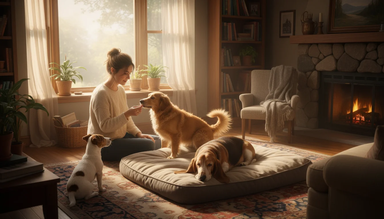 A woman hand-feeds a shy mixed-breed dog. A golden retriever puppy nudges an older basset hound, while a jack russell terrier observes.