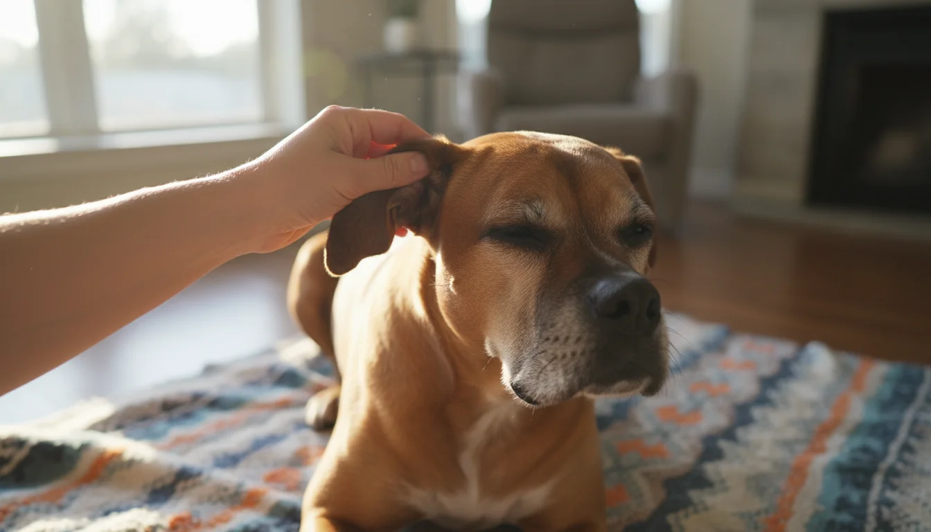 A woman's hand gently parts the fur behind a relaxed, short-haired dog's ear, checking for parasites indoors.