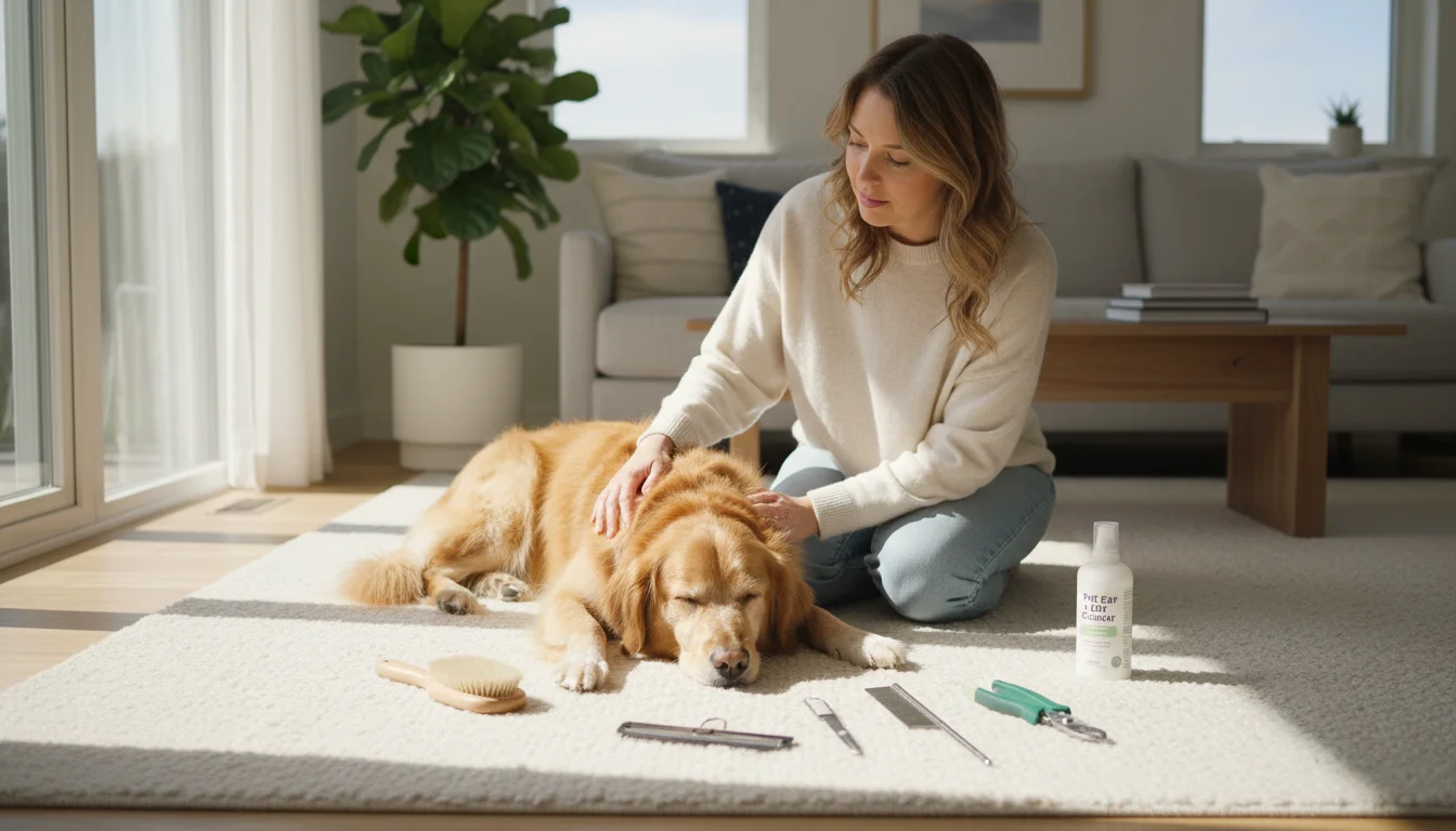 A woman's hand gently rests on a relaxed golden retriever mix next to essential grooming tools on a rug in a sunlit room.