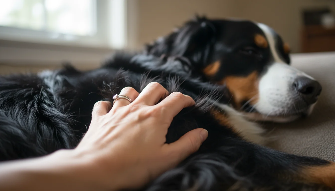 Close-up of a woman's hand gently running through a Bernese Mountain Dog's thick, wavy fur, showing its varied texture and colors.