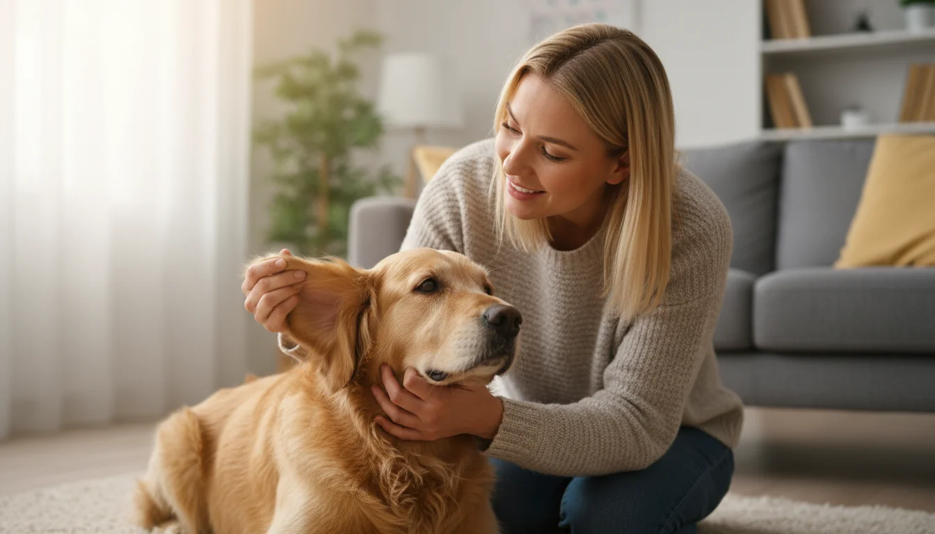 A woman gently inspects her dog's ear during a grooming session, the dog looking at her calmly.