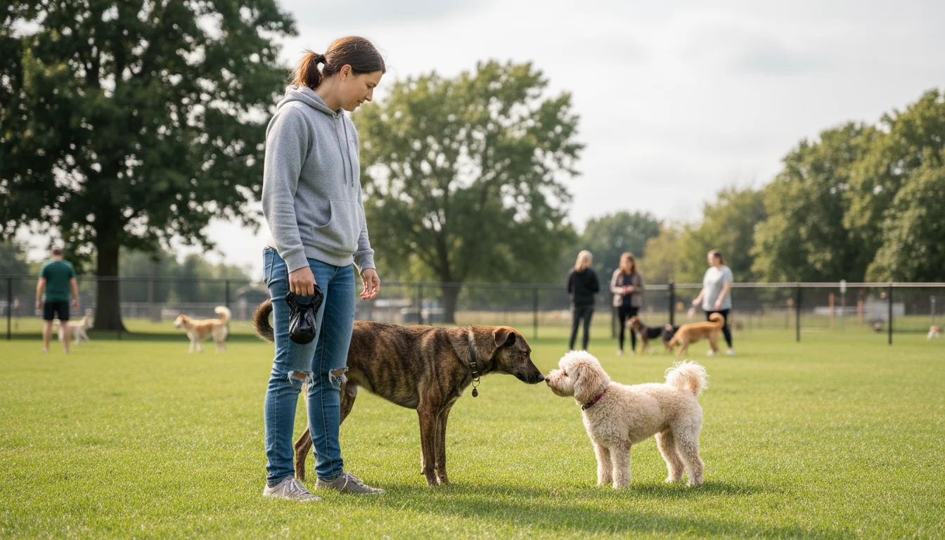 A woman intently watches her brindle dog cautiously interact with a smaller dog in a park, showing responsible supervision.