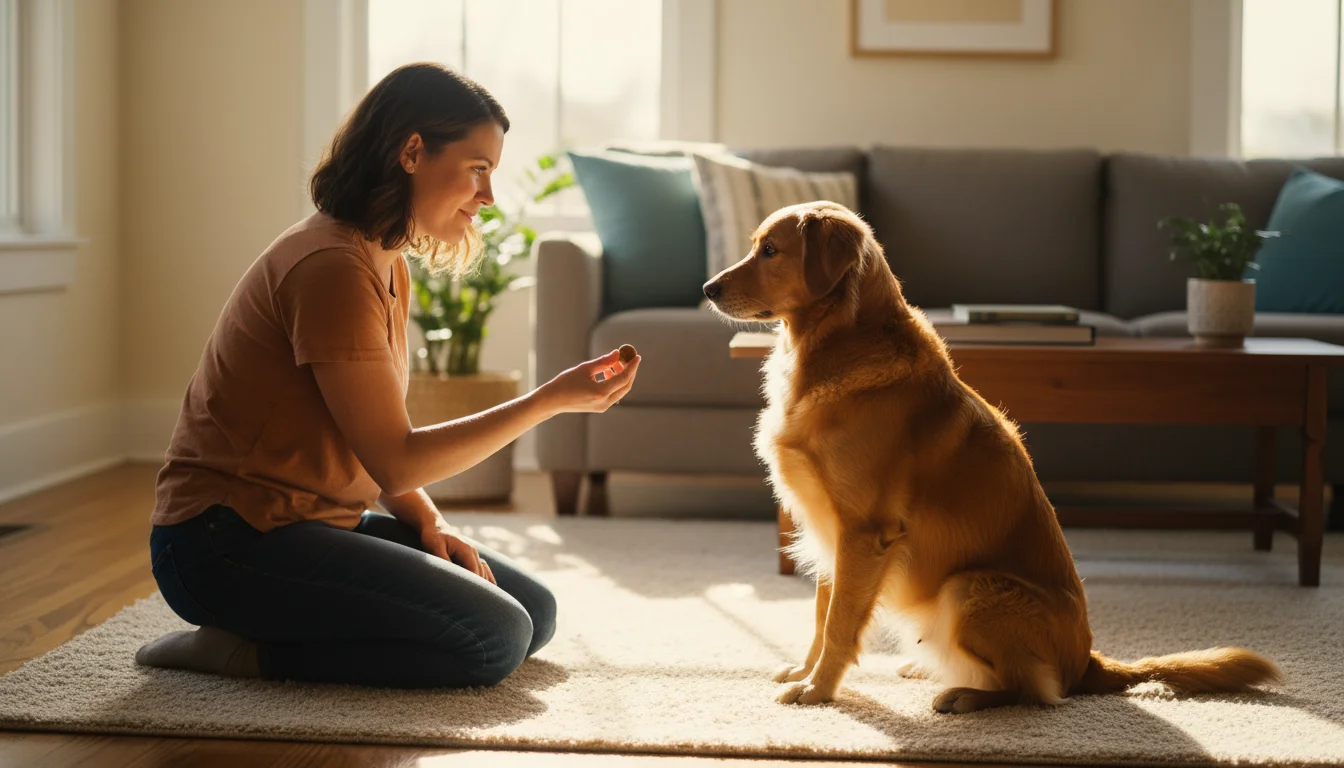 A woman kneeling on a rug rewards a focused golden-retriever mix dog with a treat for holding a command indoors.