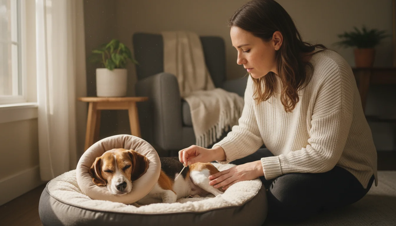 A woman kneels, gently applying topical solution to her small dog wearing a donut-style recovery collar, resting in a pet bed.