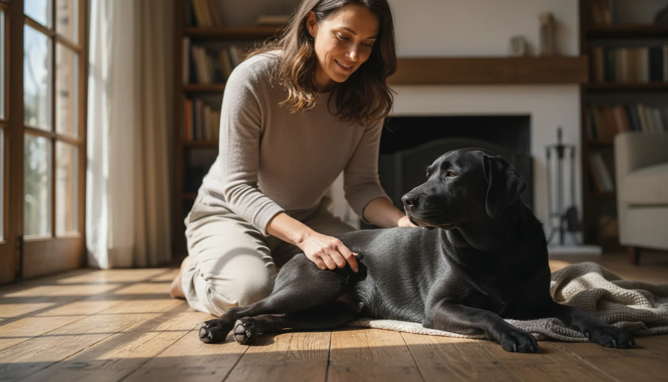 A woman kneels beside her black Labrador, gently pressing two fingers on its inner thigh to check its pulse.