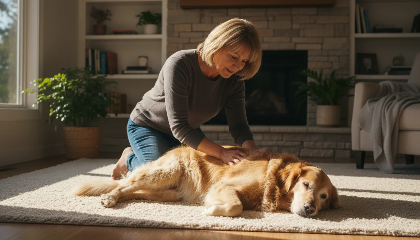 A woman kneels beside her elderly golden retriever on a rug in a sunlit room, observing the dog with gentle concern.