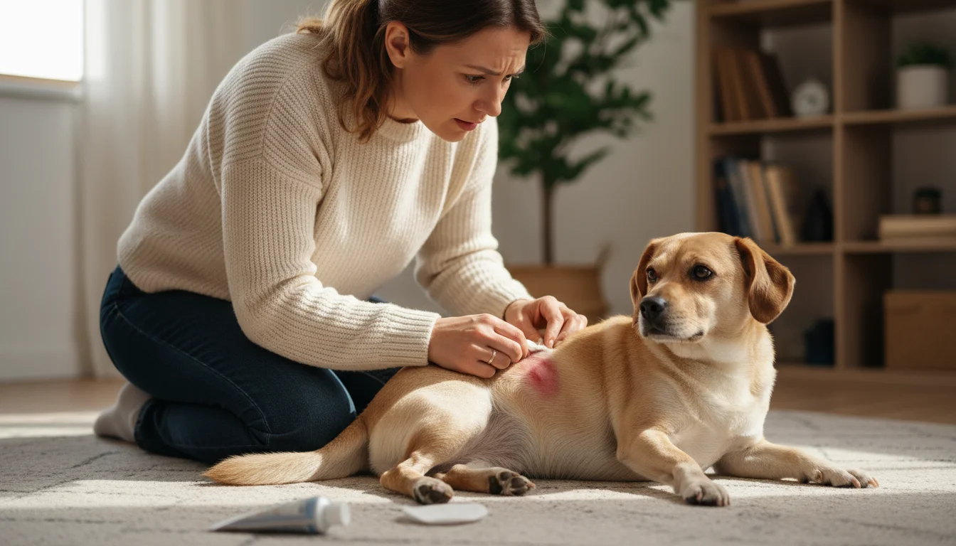 A woman kneels beside her fawn-colored dog, gently examining an inflamed red patch on its flank with a concerned expression.