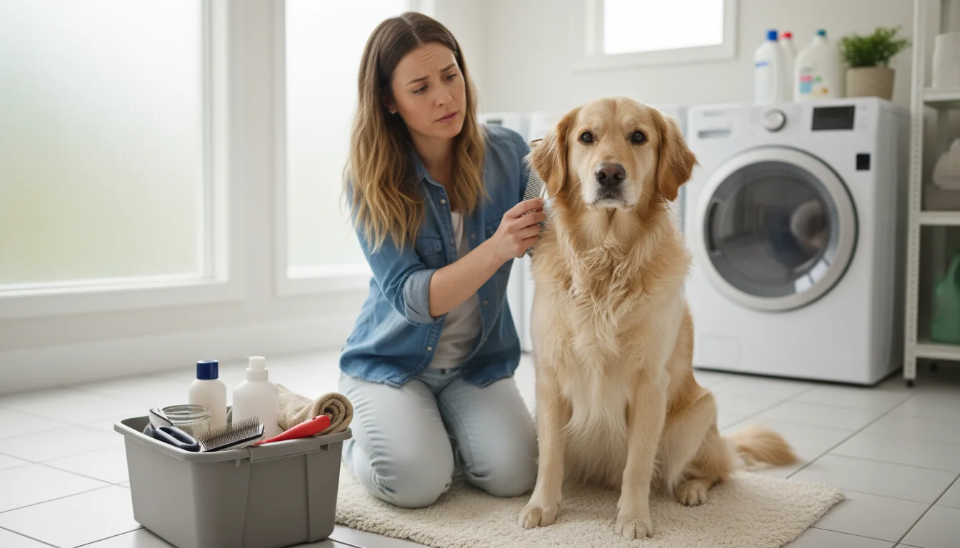 A woman kneels beside her golden retriever-mix, gently examining a section of its slightly tangled fur in a home utility room.