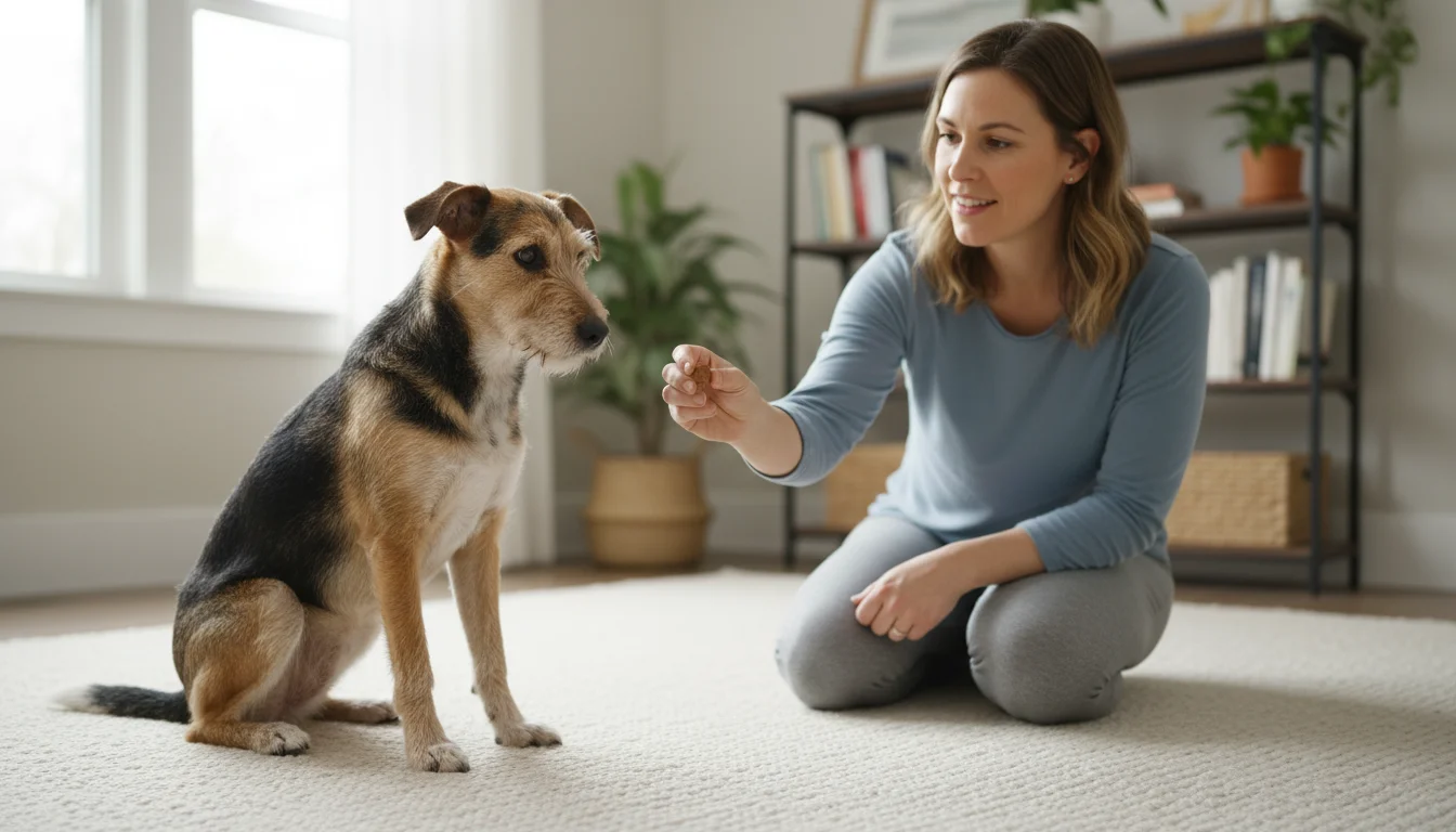 A woman kneels on a carpet, offering a treat to a terrier mix sitting calmly. The dog looks intently at her hand.