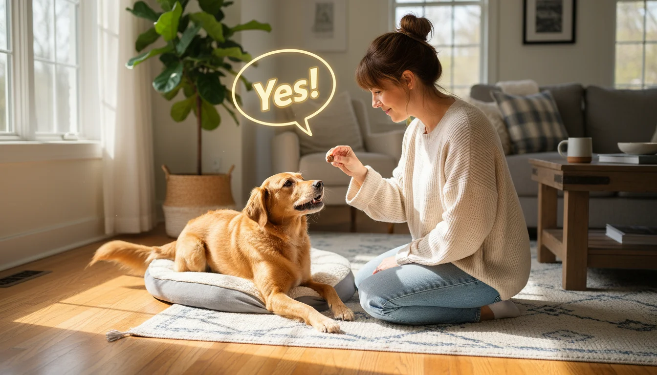 A woman kneels, delivering a treat to her attentive retriever mix dog who is calmly lying down in a sunlit living room.