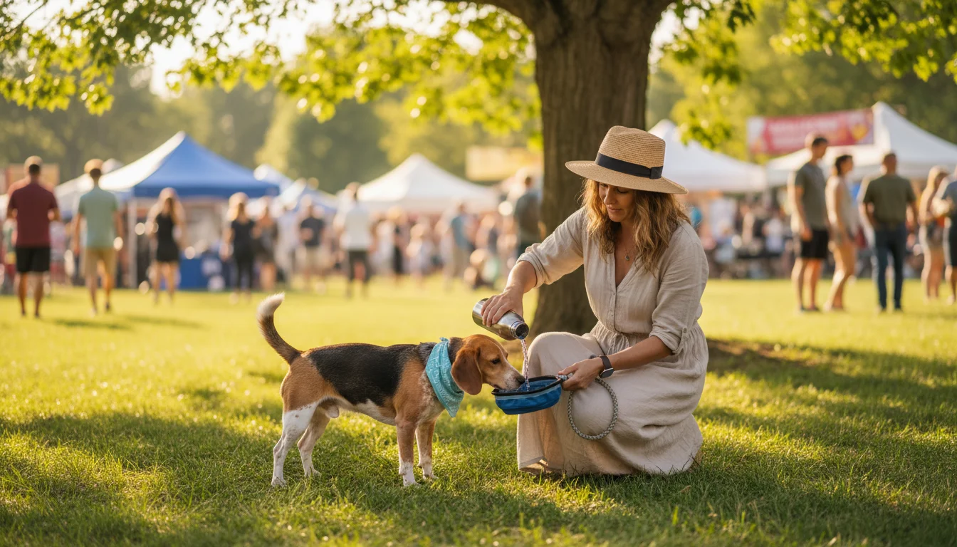 Woman kneels on grass, giving water to a beagle mix wearing a cooling bandana. Blurred summer festival crowd in background.