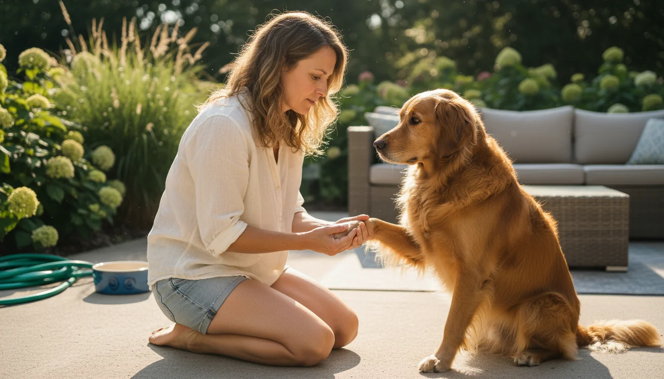 A woman kneels, gently holding and examining her golden retriever mix's paw on a sunny concrete patio. Dog looks at her.