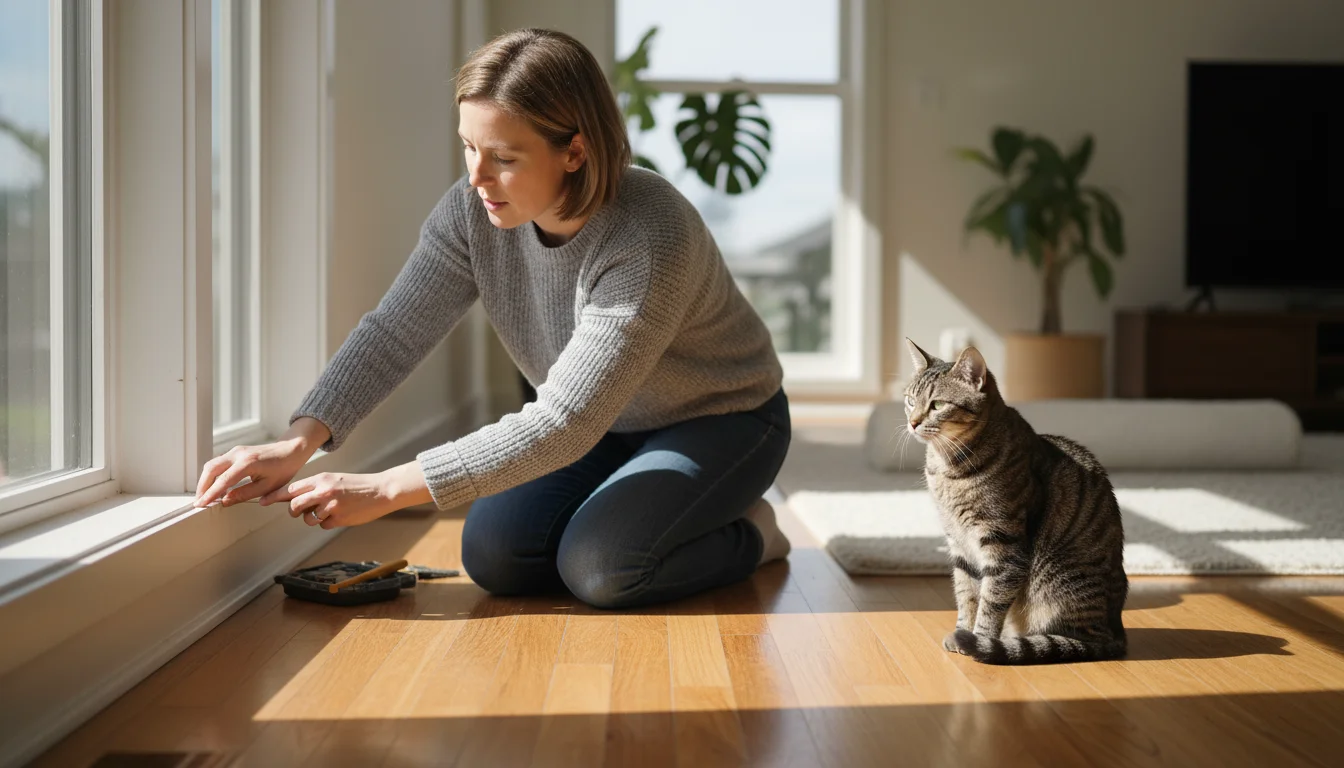 A woman kneels, inspecting a small scratch on a wooden baseboard while a tabby cat watches intently from a few feet away.
