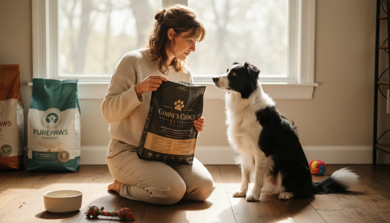 A woman kneels on a kitchen floor, reading a dog food label, while her Border Collie mix sits patiently, looking up at her face.